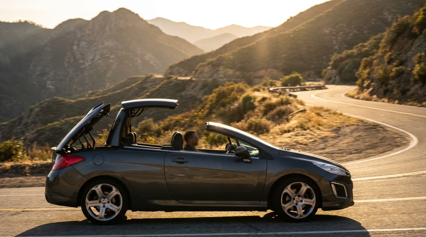 Peugeot 308 CC roulant sur une route de montagne avec le toit ouvrant en cours d'ouverture au coucher du soleil