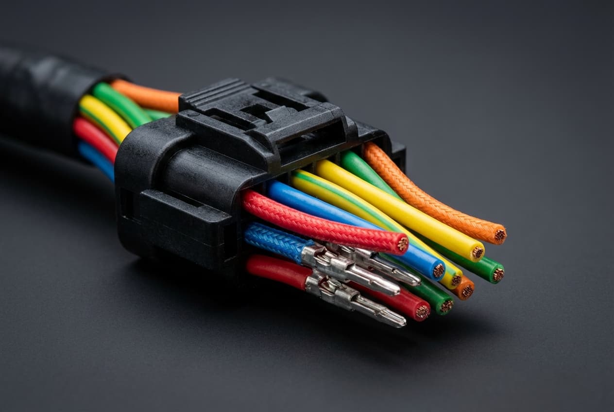 Gros plan sur un connecteur électrique de voiture avec des fils de différentes couleurs.