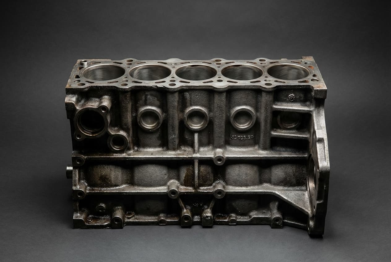 Gros plan du bloc moteur Mercedes 5 cylindres 156 cv sur fond noir.