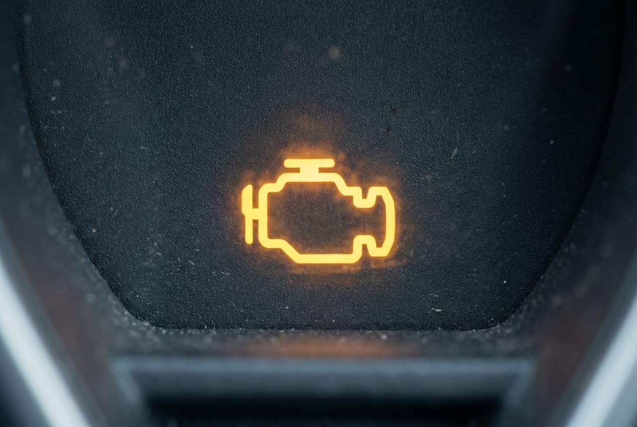 Gros plan sur le voyant orange d'anomalie moteur d'un tableau de bord.