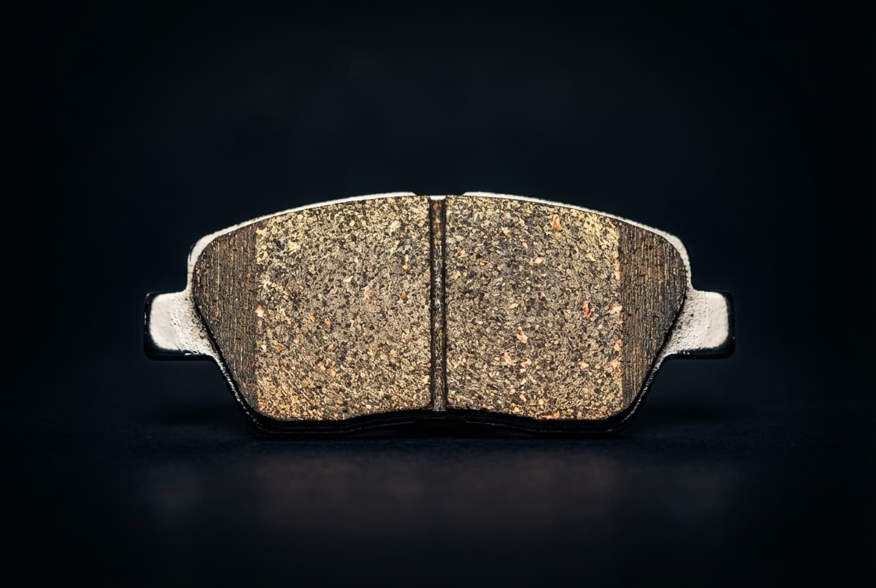 Gros plan sur une plaquette de frein neuve haute performance sur fond noir.