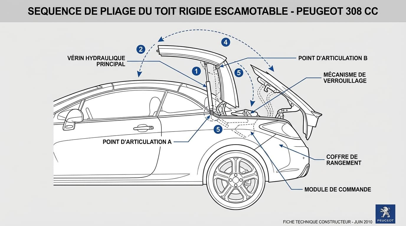 Schéma technique du mécanisme de déploiement du toit rigide d'une 308 CC avec annotations en français