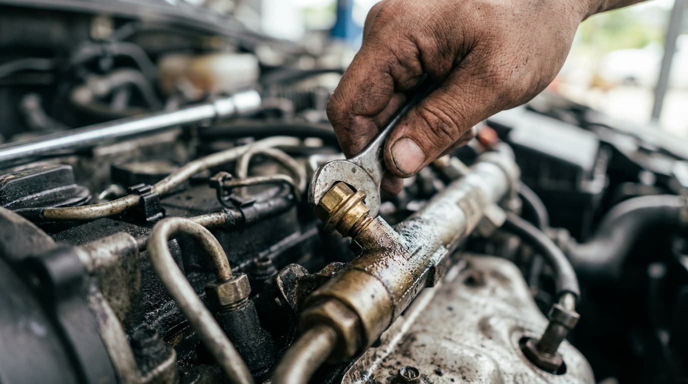 Démontage capteur de pression Démontage manuel du capteur de pression de carburant sur la rampe commune d'un moteur diesel