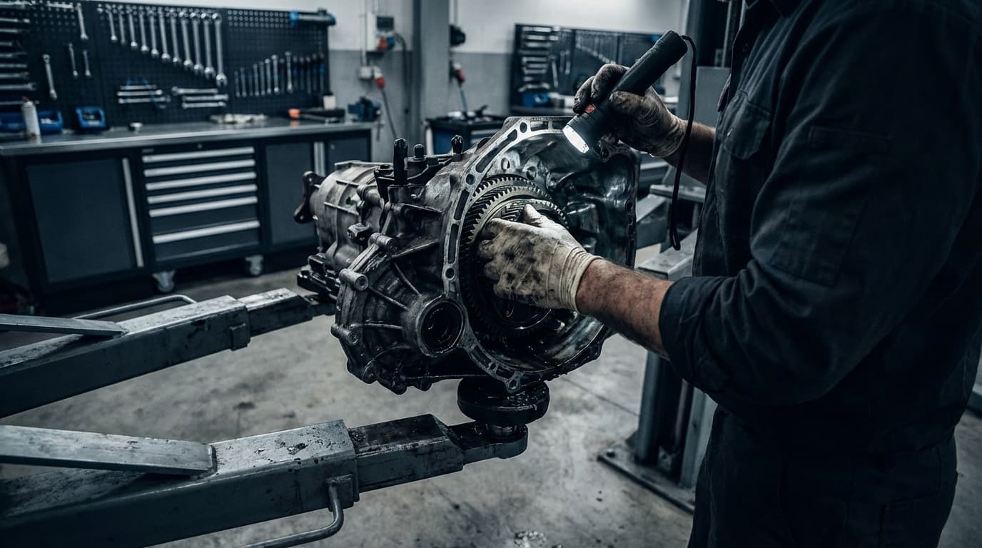 Inspection technique de la boîte automatique Mécanicien professionnel examinant les composants de la transmission sous un Fiat Ducato.