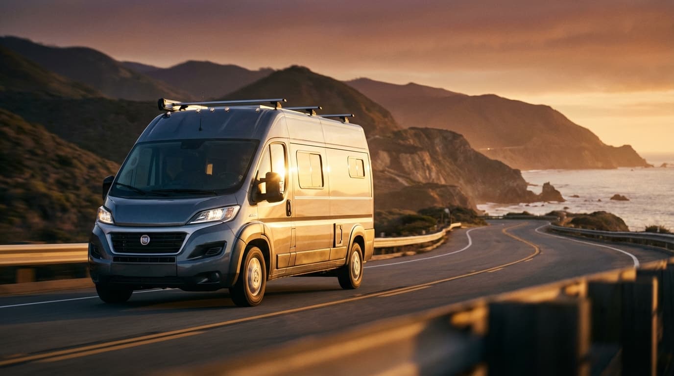 Fiat Ducato sur route panoramique Un fourgon Fiat Ducato roulant sur une route côtière au coucher du soleil, illustrant le confort de conduite.