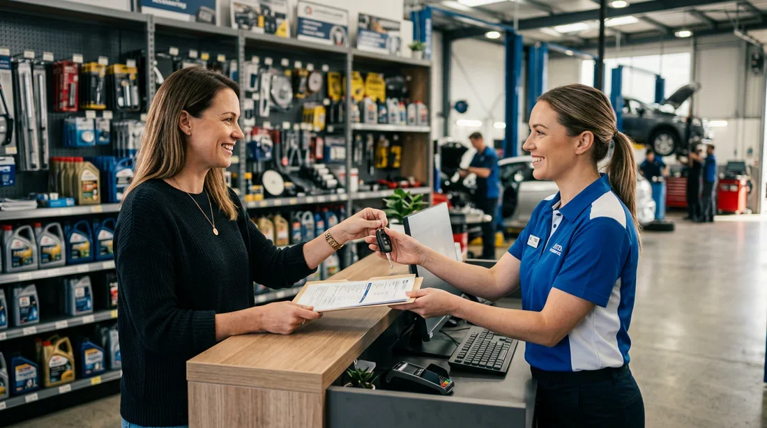 Service de carte grise chez Norauto Client remettant ses clés et documents pour une demande de carte grise en centre auto.