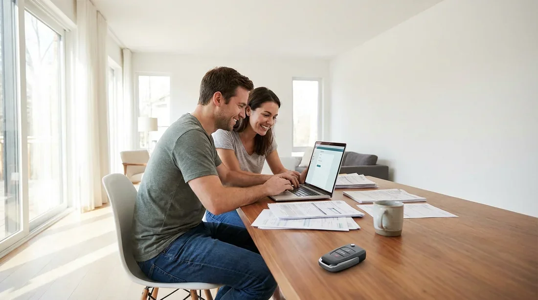 Un couple souriant examine son dossier de LOA sur un ordinateur avec une clé de voiture posée sur le bureau.