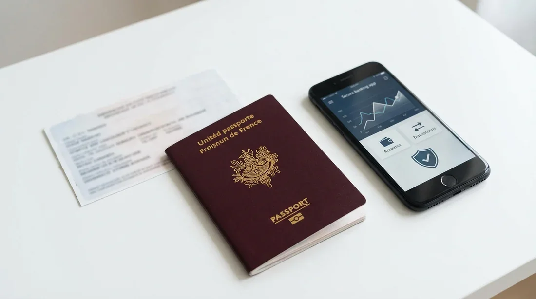 Vue de dessus de documents administratifs incluant passeport et smartphone pour un dossier LOA complet.