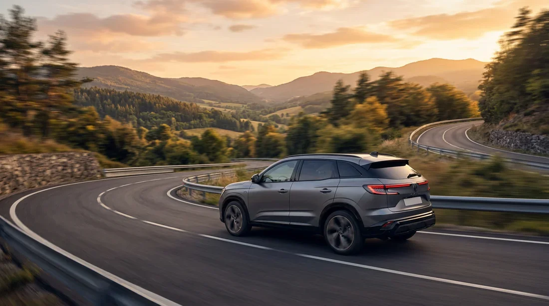 Le SUV Renault Austral en milieu urbain Renault Austral garé en ville devant des bâtiments modernes