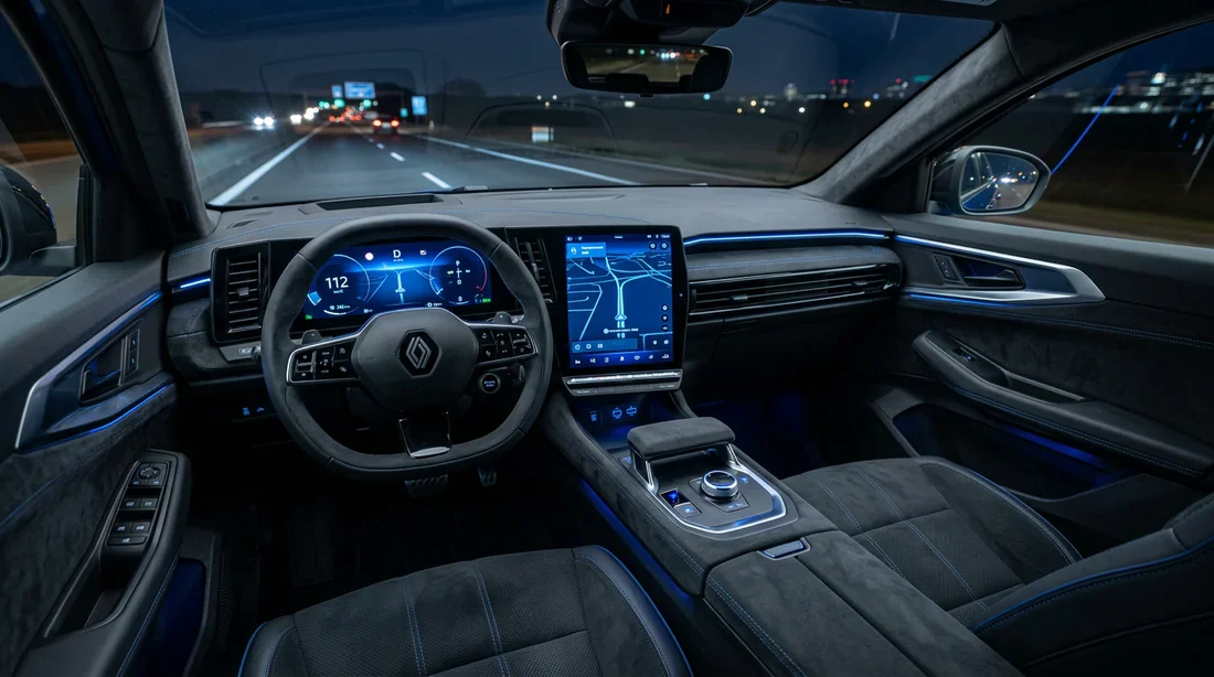 Renault Austral Esprit Alpine en pleine conduite Renault Austral gris schiste finition Esprit Alpine sur une route de campagne au coucher du soleil