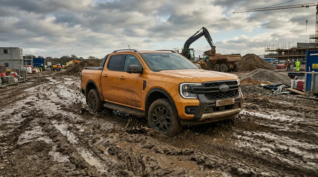 Fiabilité Ford Ranger Wildtrak 2.0 EcoBlue en conditions extrêmes Ford Ranger Wildtrak 2.0 EcoBlue en action dans la boue sur un chantier