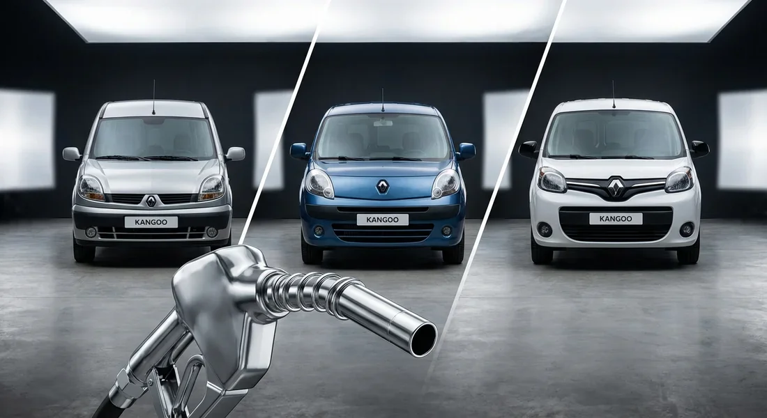 Évolution de la Renault Kangoo et de son réservoir Comparaison des trois générations de Renault Kangoo avec un pistolet à essence au premier plan.