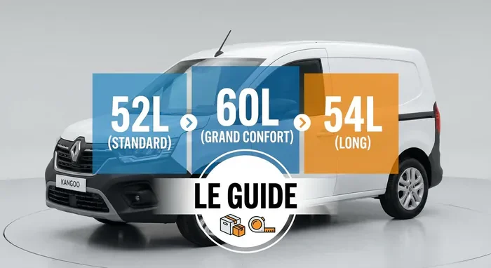 Capacité réservoir Kangoo : Guide complet (Gen 1, 2, 3) - Kangoo : 52, 54 ou 60L ? Évitez la panne sèche ! - Combien de litres contient votre Kangoo ? Les chiffres Infographie des capacités de réservoir 52L, 60L et 54L pour Renault Kangoo.