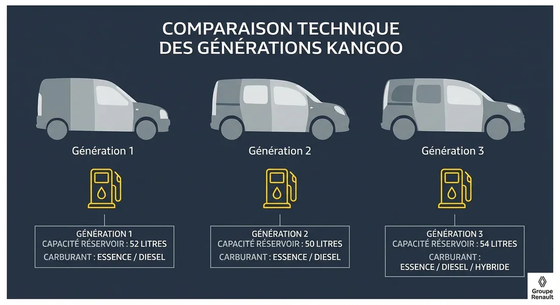 Comparatif technique des réservoirs Kangoo Tableau comparatif des volumes de réservoir par modèle de Kangoo.