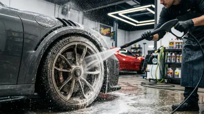 Gros plan d'une clé Éléphant Bleu sur un capot mouillé.