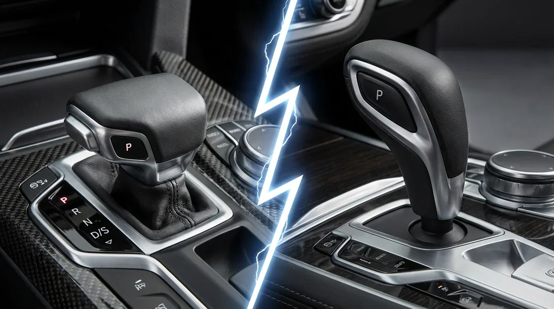 Duel BMW DKG vs BVA8 : Levier M-DKG contre BVA8 ZF Comparatif visuel entre le levier de vitesse court M-DKG et le levier Cobra de la boîte BVA8 ZF.