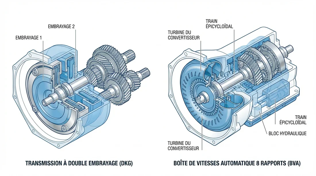 Architecture interne : DKG vs Boîte Automatique Schéma technique comparant le système de double embrayage DKG au convertisseur de couple de la BVA.
