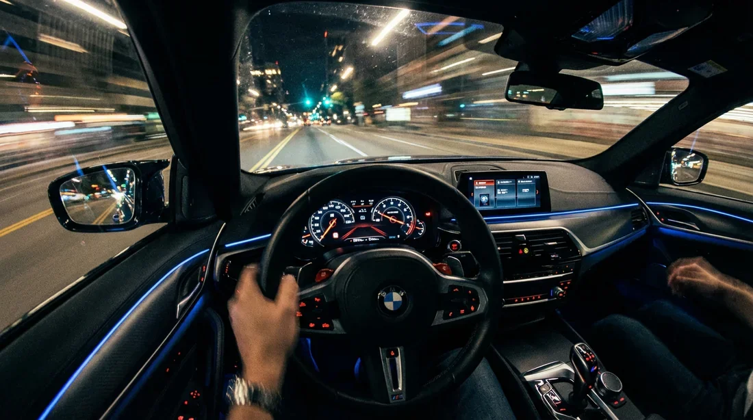 Passage de rapports ultra-rapide sur BMW M Tableau de bord de BMW M montrant une accélération fulgurante et des passages de rapports rapides.