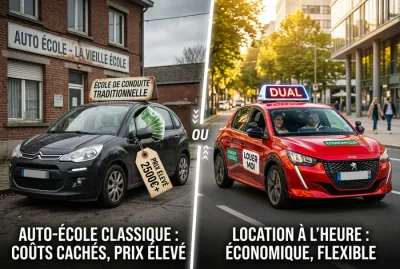 Comparaison entre auto-école classique et location de voiture à double commande économique.