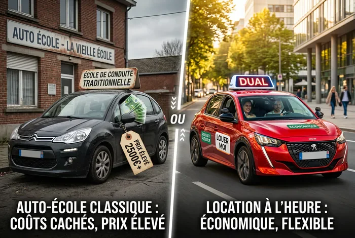Dual voiture : le guide 2026 - Dual voiture : économisez 700€ - Permis cher ? La dual voiture ! Comparaison entre auto-école classique et location de voiture à double commande économique.