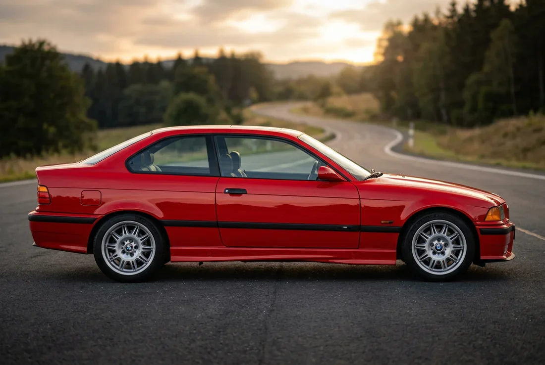 BMW E36 Coupé Techno Violet dynamique sur une route de campagne au soleil couchant.