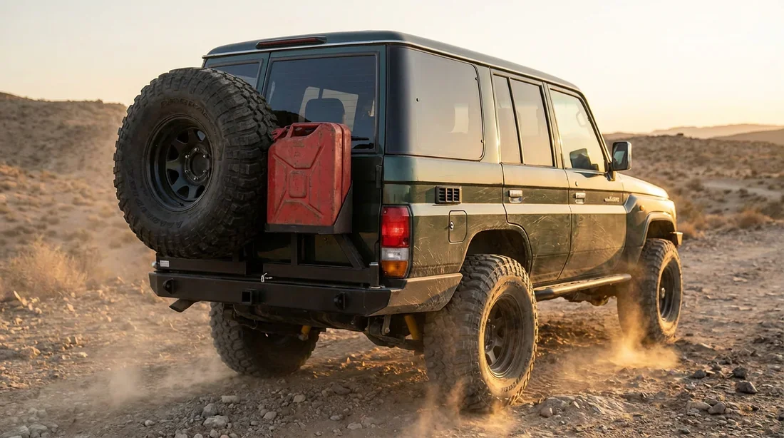 4x4 de raid avec porte-roue de secours artisanal et jerrycan sur une piste poussiéreuse