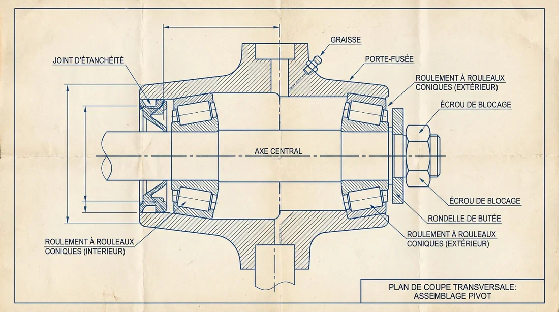 Schéma technique d'un pivot de porte-roue avec roulements et joint spi