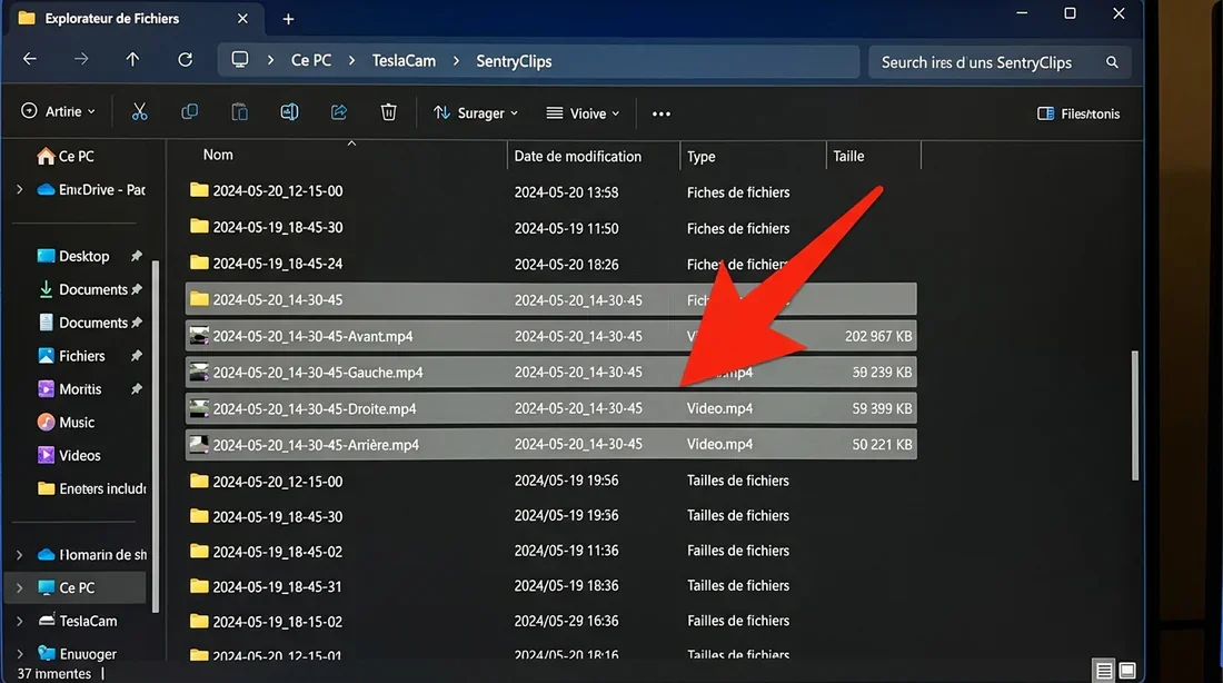 Capture d'écran de l'explorateur de fichiers TeslaCam SentryClips