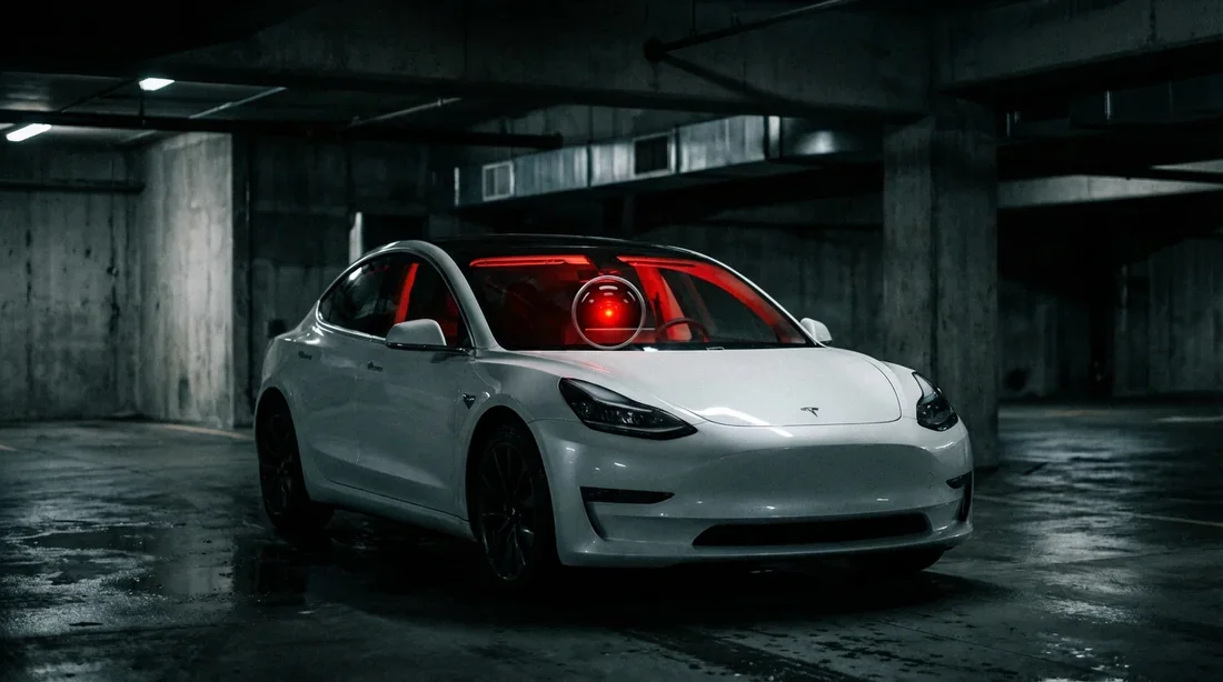 Tesla Model 3 blanche en mode Sentinelle dans un parking souterrain sombre