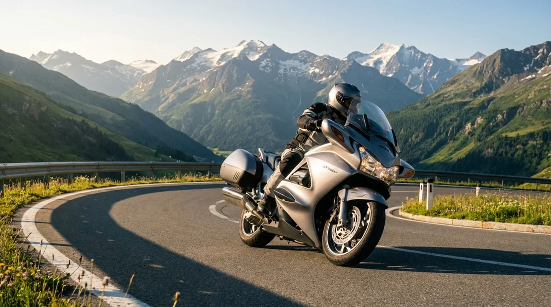 Honda ST1300 Pan European en virage sur une belle route de montagne