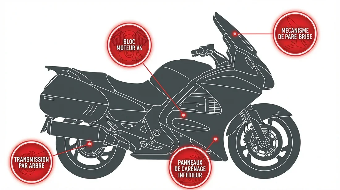 Infographie checklist des points à vérifier sur une Honda ST1300 d'occasion