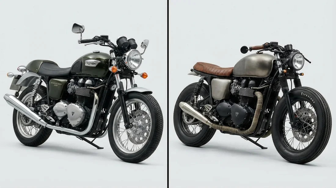 Comparatif avant-après entre une Triumph Thruxton 900 d'origine et modifiée