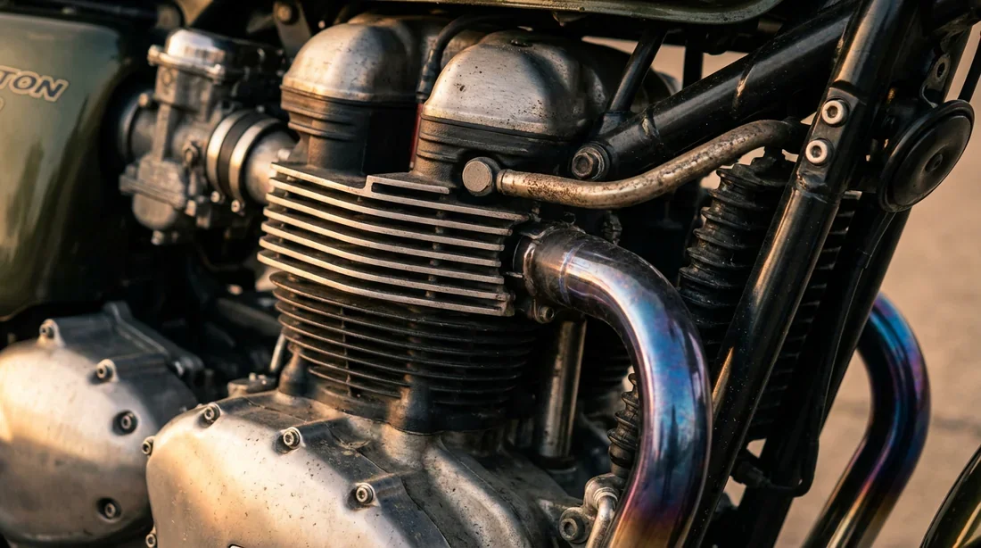 Gros plan sur le moteur bicylindre et les collecteurs d'échappement bleuis d'une Thruxton 900