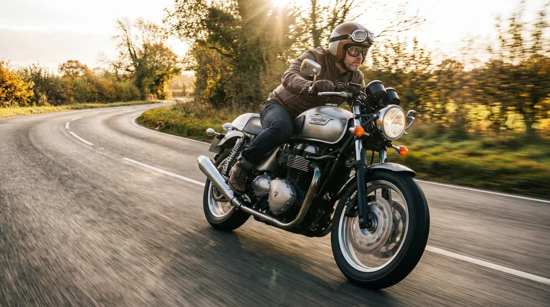 Photo dynamique d'une Triumph Thruxton 900 en virage sur une route de campagne