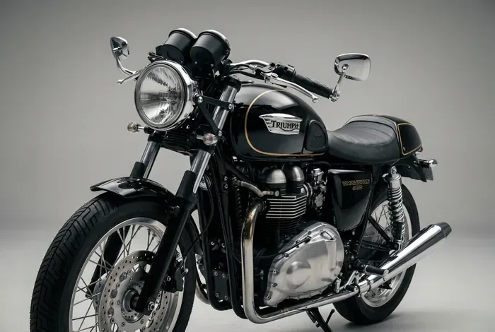Triumph Thruxton 900 : Avis, Guide & Occasion - Le Guide Ultime Thruxton 900 (2026) - Triumph Thruxton 900 : Faut-il craquer ? Vue de profil 3/4 avant d'une Triumph Thruxton 900