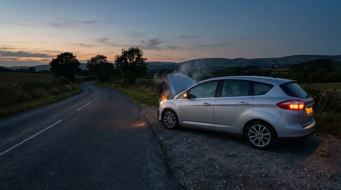 Ford C-Max en panne sur le bas-côté de la route avec le capot ouvert et de la fumée