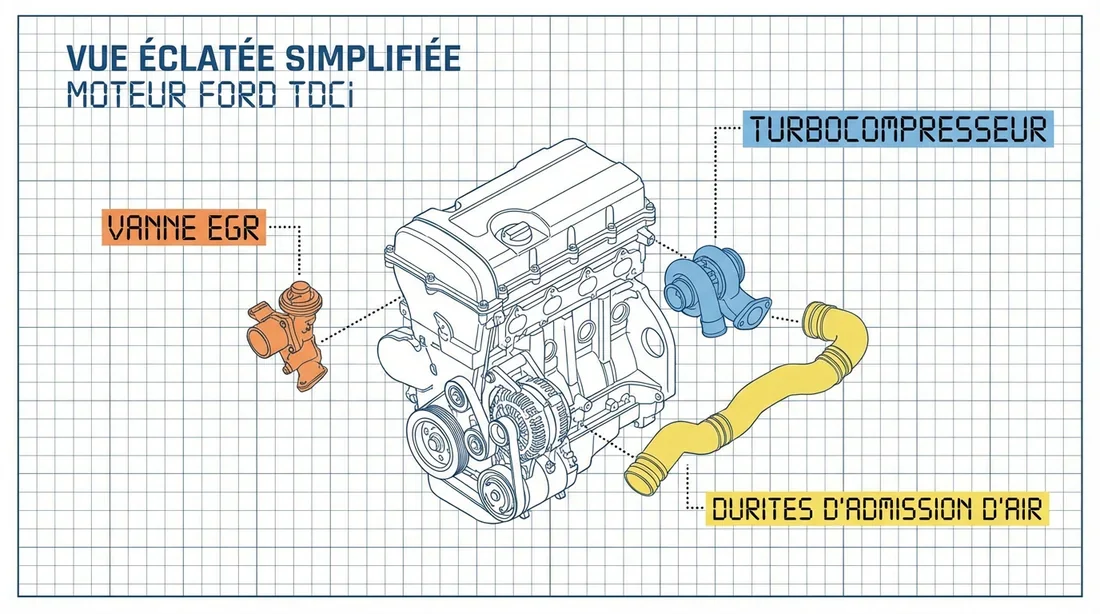 Schéma des composants moteur Ford TDCi : Vanne EGR, Turbo et durites