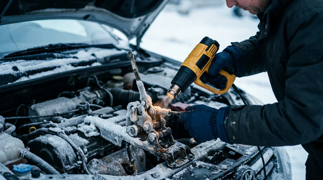 Câbles de tringlerie de boîte de vitesse recouverts de givre et de glace.