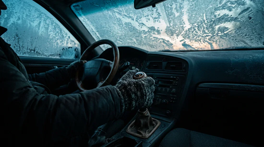 Main d'un conducteur avec des gants d'hiver tenant un levier de vitesse sous un pare-brise givré.