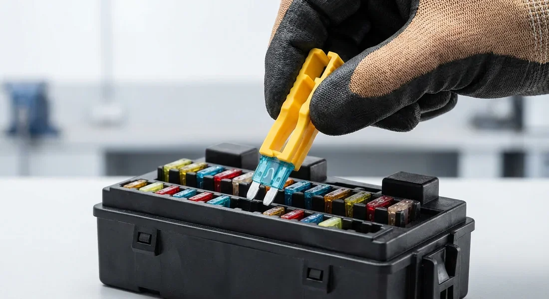 Comment remplacer un fusible W204 Action de retirer un fusible avec une pince extracteur dans une voiture.