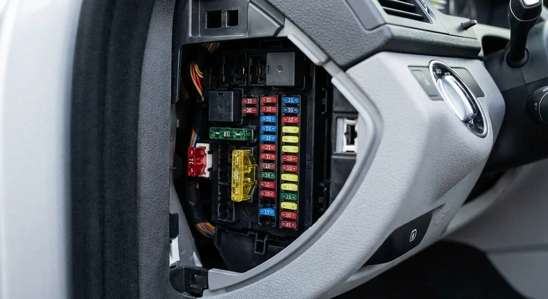 Fusibles habitacle Mercedes Classe C Boîte à fusibles de l'habitacle située sur le côté du tableau de bord d'une W204.