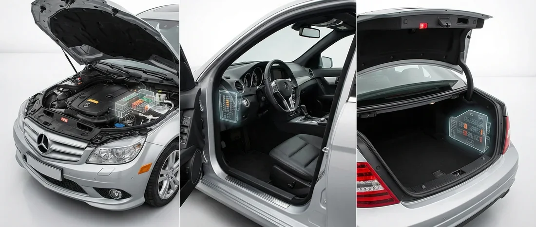 Localisation des boîtiers fusibles Les trois zones principales des boîtes à fusibles sur une Mercedes W204.