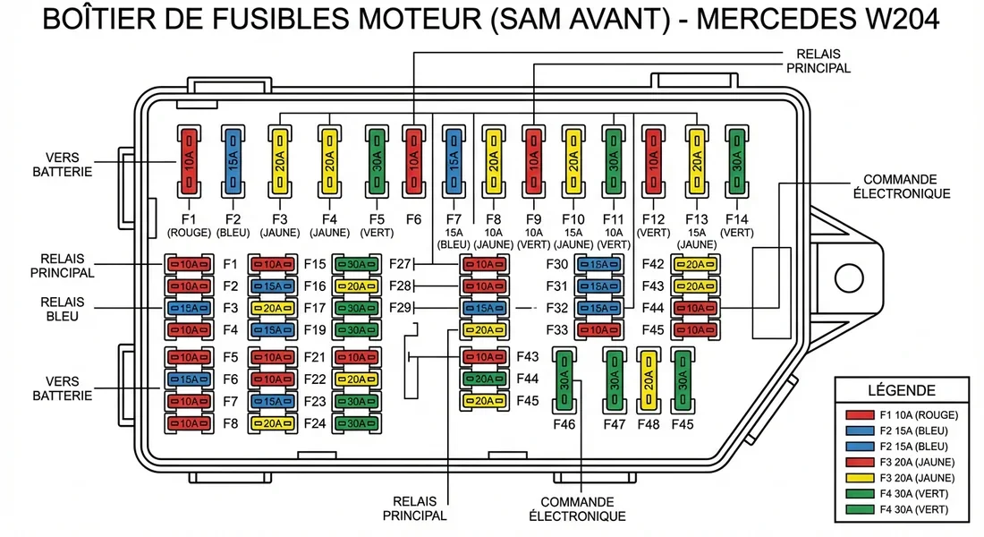 Schéma fusibles compartiment moteur Plan et schéma de la boîte à fusibles sous le capot d'une Mercedes W204.