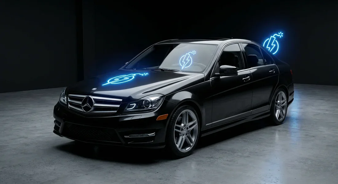 Vue 3/4 avant d'une Mercedes W204 avec les emplacements des boîtes à fusibles surlignés par des icônes d'éclair.
