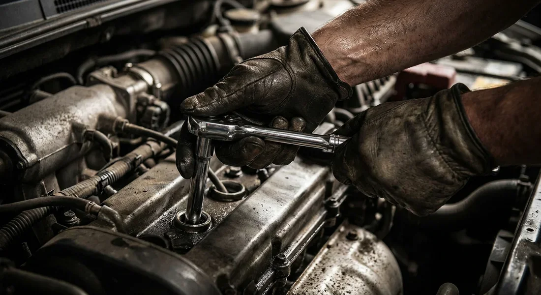 Remplacement de bougie d'allumage en atelier professionnel Mécanicien utilisant une clé à cliquet pour démonter une bougie d'allumage sur un moteur ouvert.