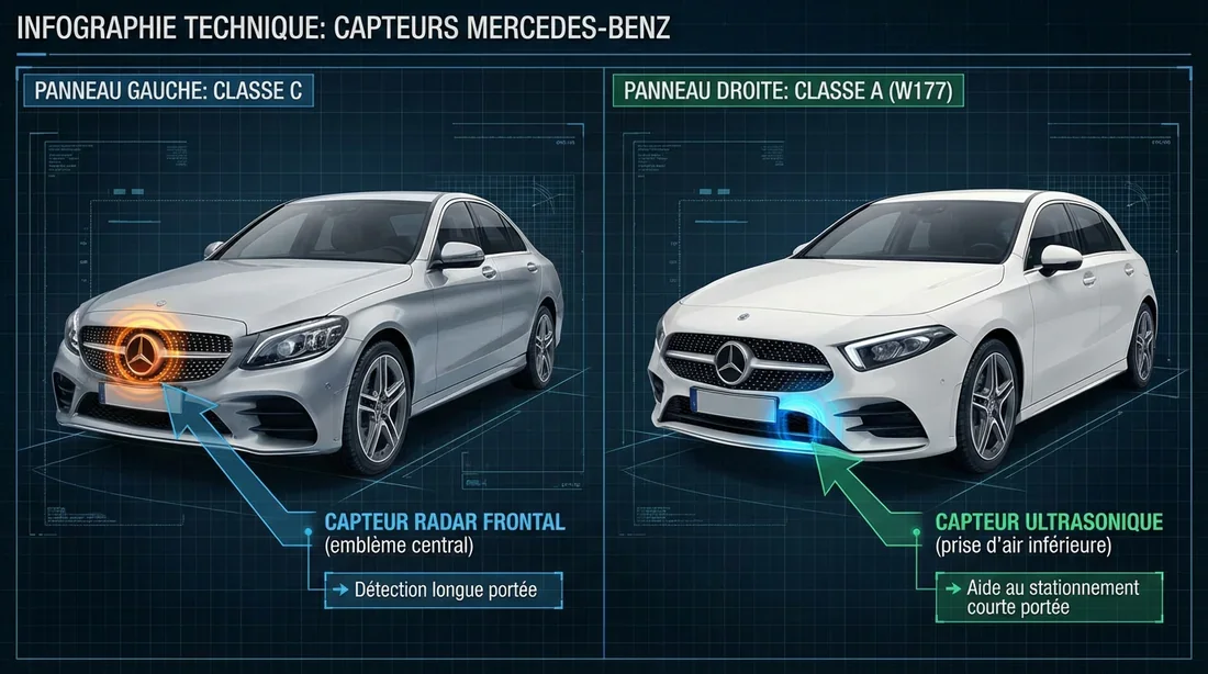 Comparaison de l'emplacement du radar Mercedes derrière l'étoile et dans le pare-chocs