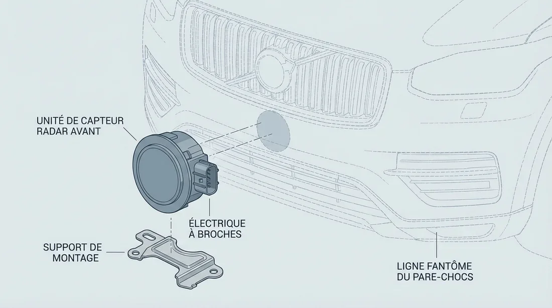 Détail technique d'un capteur radar Mercedes et son connecteur