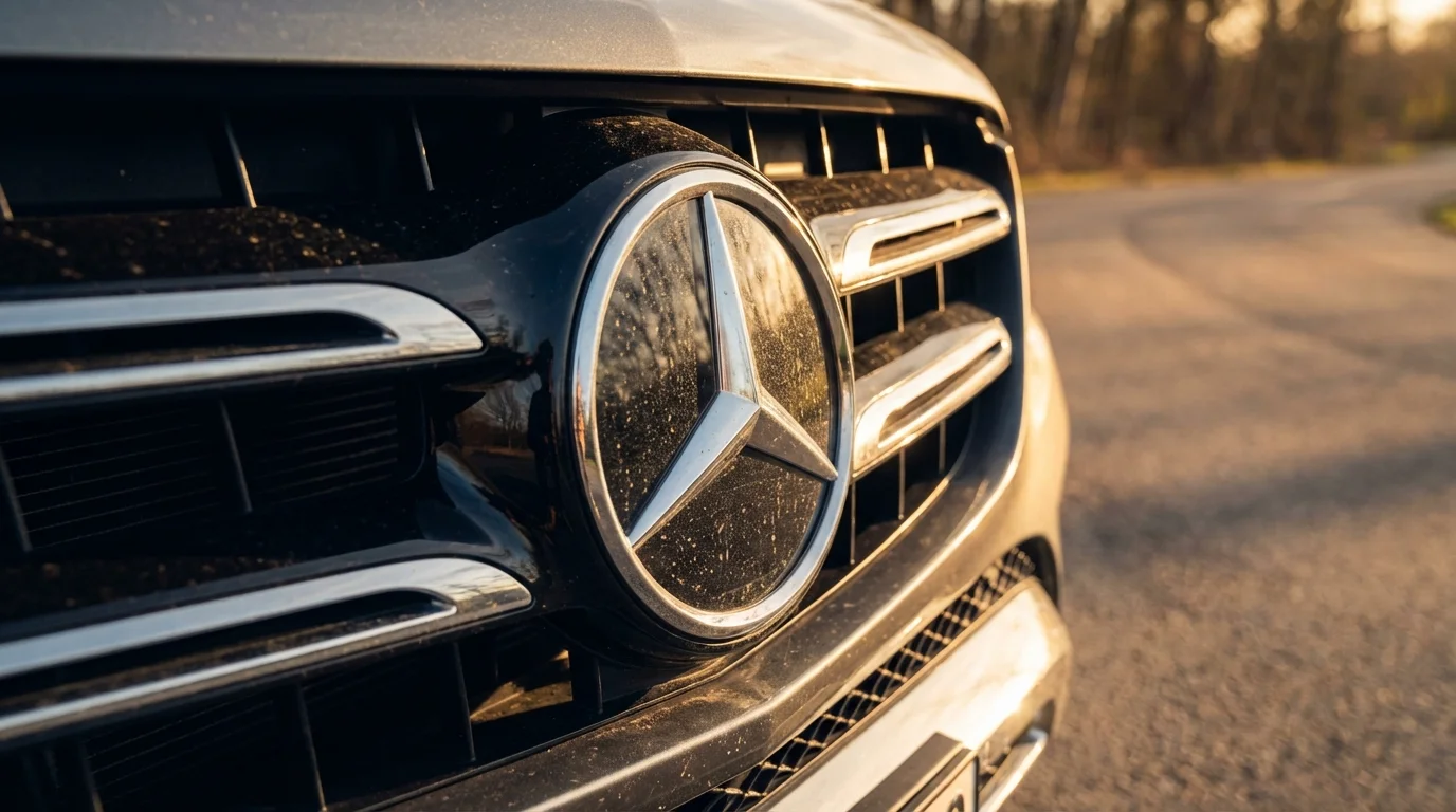 Gros plan cinématographique d'une calandre de Mercedes avec un capteur radar légèrement encrassé par la poussière de route.