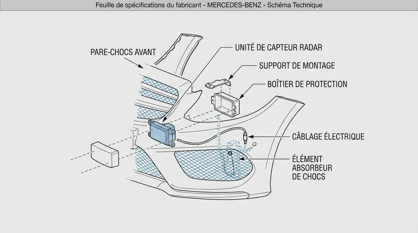 Illustration technique montrant l'emplacement et l'assemblage du capteur radar derrière le pare-chocs d'une Mercedes.