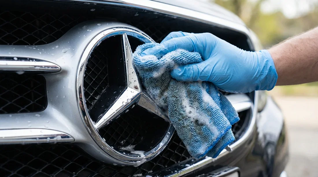 Nettoyage de l'étoile Mercedes avec un chiffon microfibre